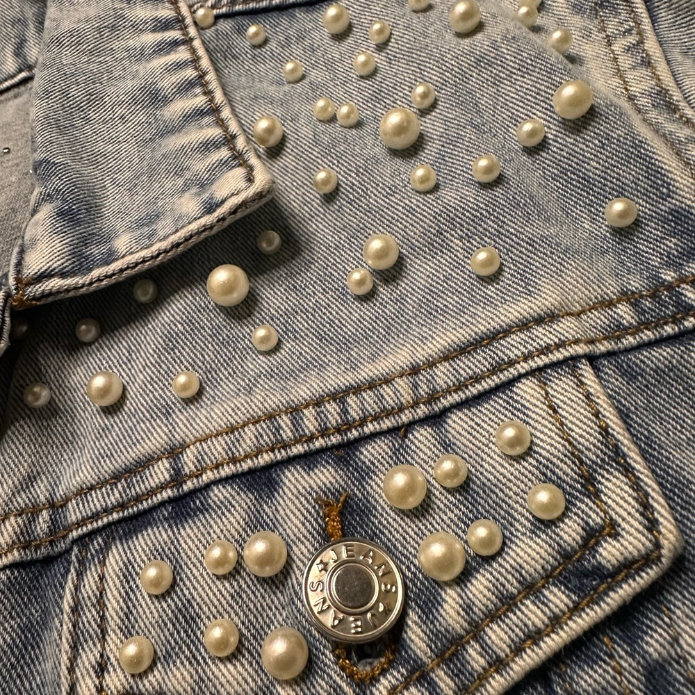 Women's Denim Jacket with Pearl Accents - Picture 3 of 5